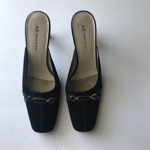Anne Klein Suede Mules. Black w/ Silver Grommet Buckle on toe. Size 9 1/2 M